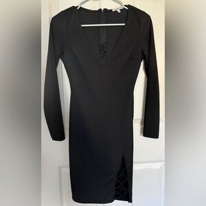 Black Long Sleeve V Neck Dress with Criss Cross Thigh Detail